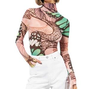 AFRM ZADIE POWER MESH TURTLENECK TOP IN GREEN BUTTERFLY SUB. Sizes M.